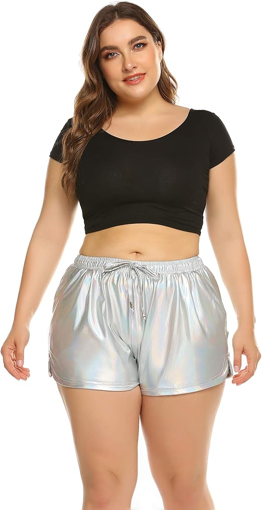 Women's Metallic Shorts Plus Size Rave Shorts Elastic Waist Shiny Pants Yoga Sparkly