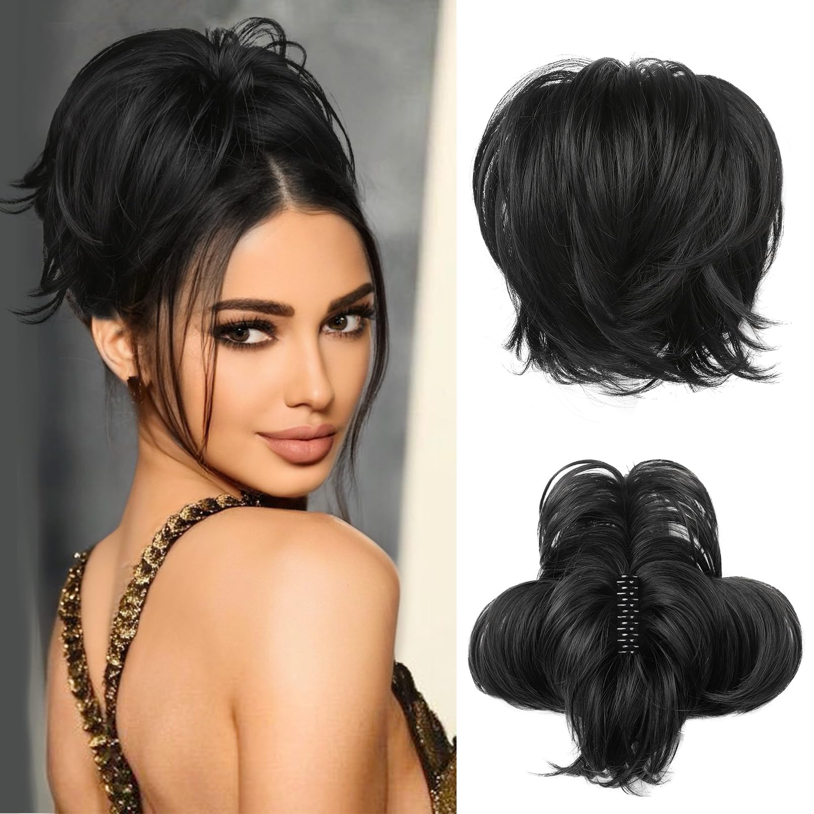 REECHO Messy Bun Hair Piece - Claw Clip Short Ponytail Extension with Bendable Metal Wire Fake Hair Pieces for Women - Black — image 1