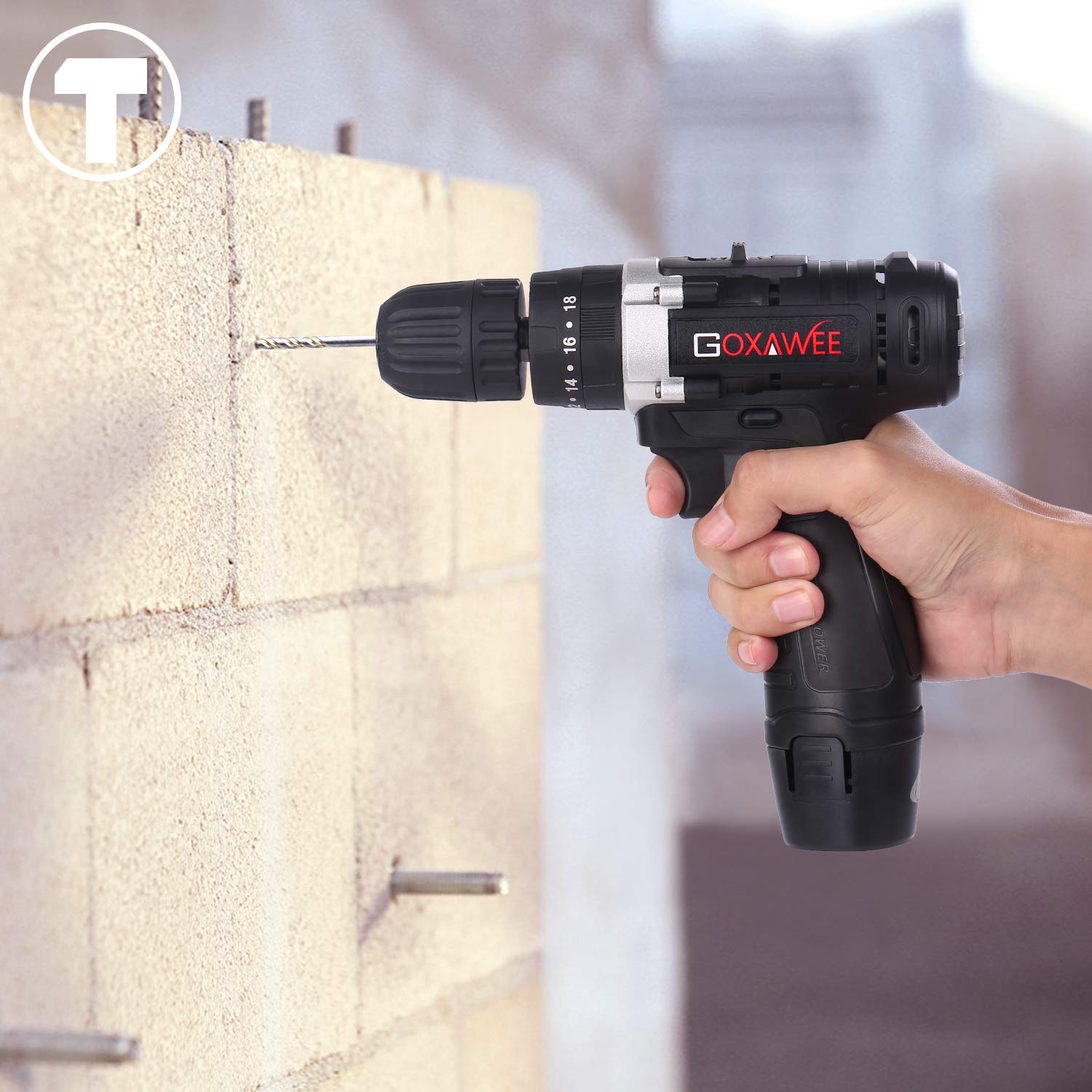 Cordless Drill with 2 Batteries - GOXAWEE 100pcs Accessories 12V Electric Power Drill Set with Hammer Function, 3/8\