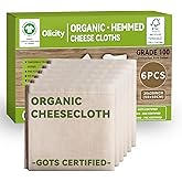 Organic Cheese Cloths, GOTS Certified, 6PCS, Grade 100, 20x20Inch Hemmed Cheese Cloth Fabric Reusable Fine Mesh Cloth, 100% C