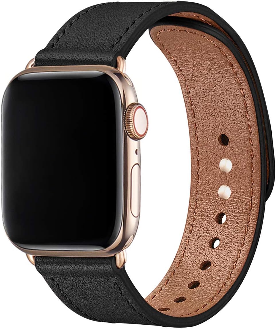 Soft Leather Watch Bands Compatible with Apple Watch Band 38mm 40mm 42mm 44mm, Special Watch Band Replacement Strap for Women Men for iWatch Series 5 4 3 2 1 (Black with Gold, 38MM/40MM)