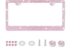 Amiss Bling License Plate Frame for Women, 1Pack Rhinestone Handcrafted Crystal Premium Stainless Steel, Stainless Steel Car Accessories with Diamond Sparkle Glitter Caps (Pink)