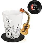 Maustic Guitar Mug, Guitar Gifts for Guitar Players, Music Teacher Gifts, Christmas Birthday Gift for Music Lovers, Ceramic Mug 13 Oz with Vinyl Record Coaster (Acoustic Guitars)