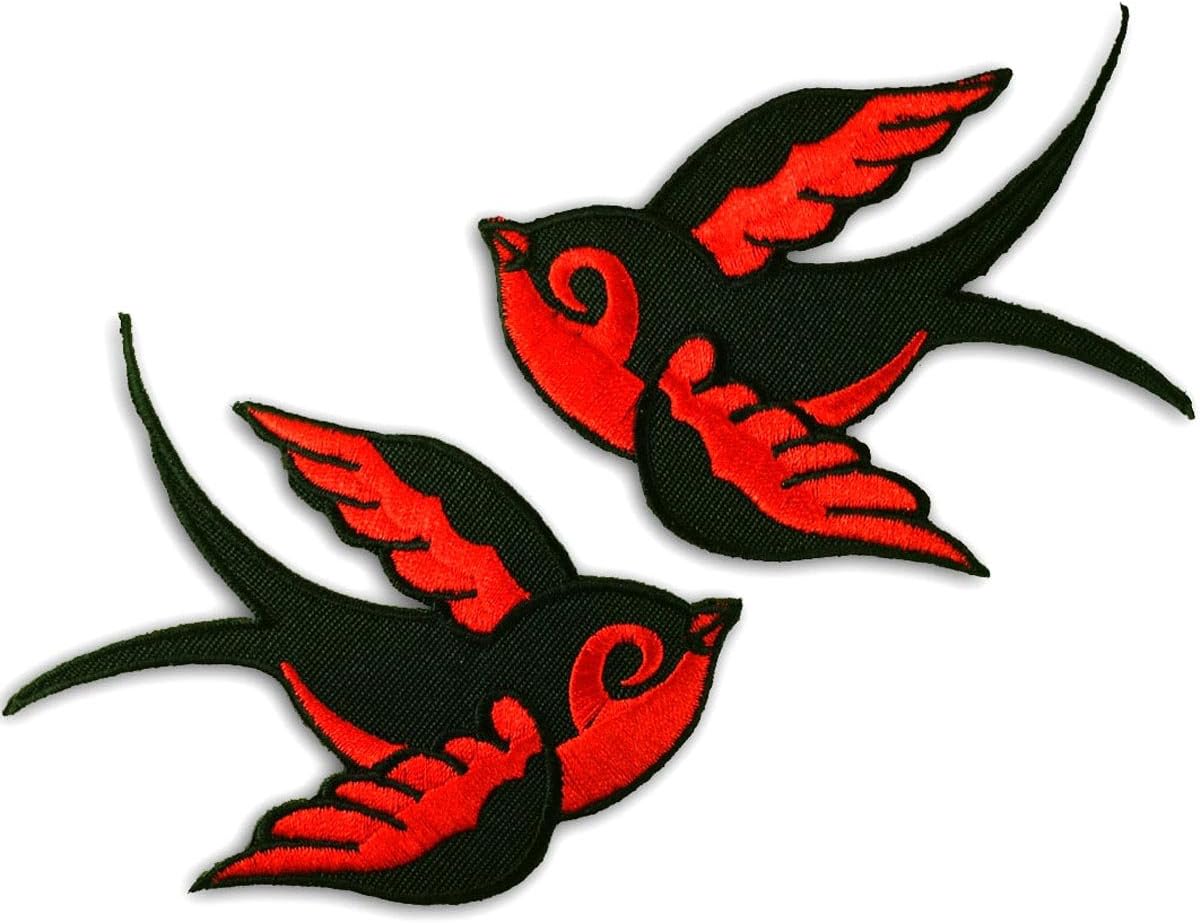 2 Red Sparrows Bird Rockabilly Tattoo Applique Embroidered Iron on Patch