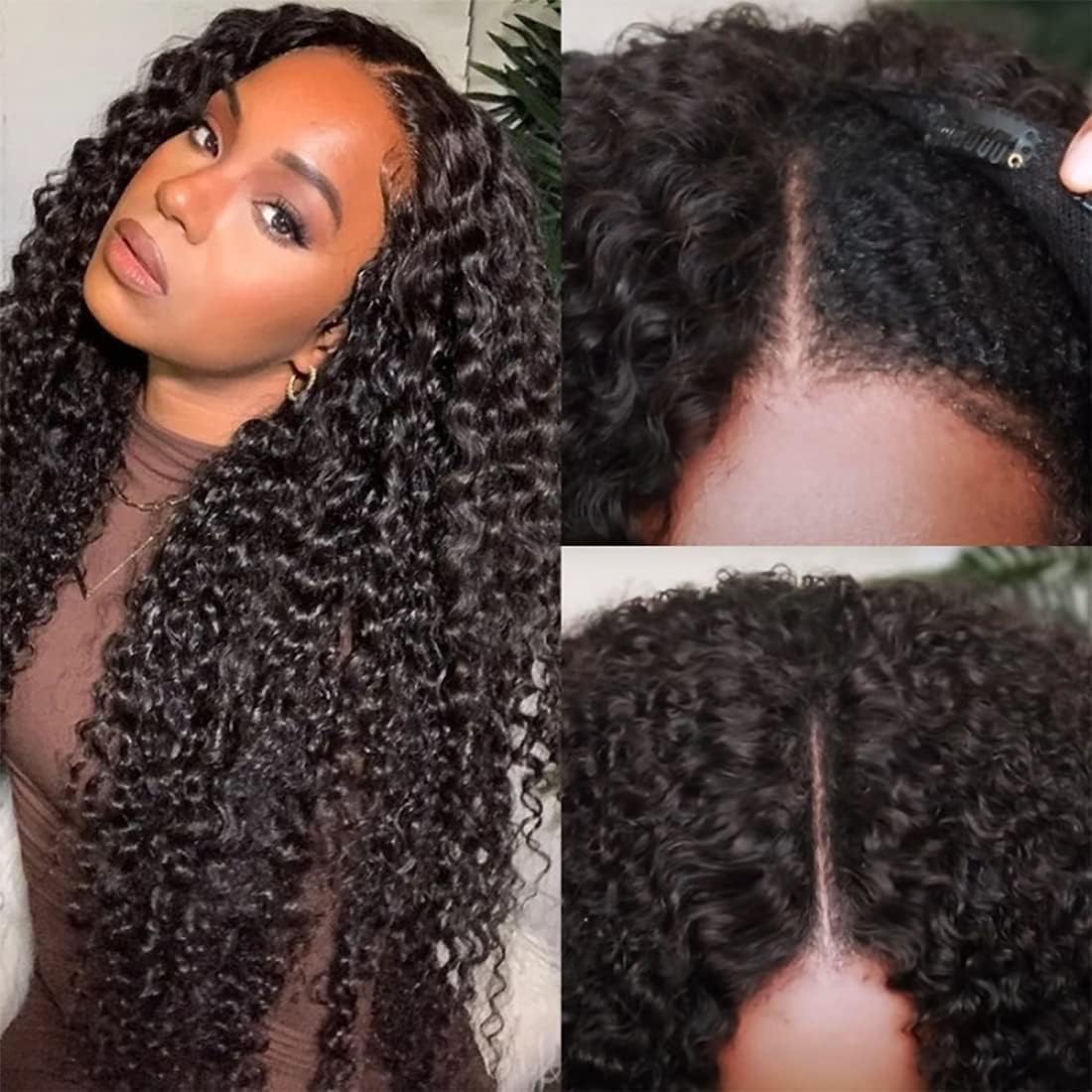V Part Wig Human Hair for Women 10A Upgraded U part Wig Human Hair Beginner Friendly 150% Density V Shape Wigs Clip In Half Wigs Natural Color 14 Inch Kinky Curly V Part Wig