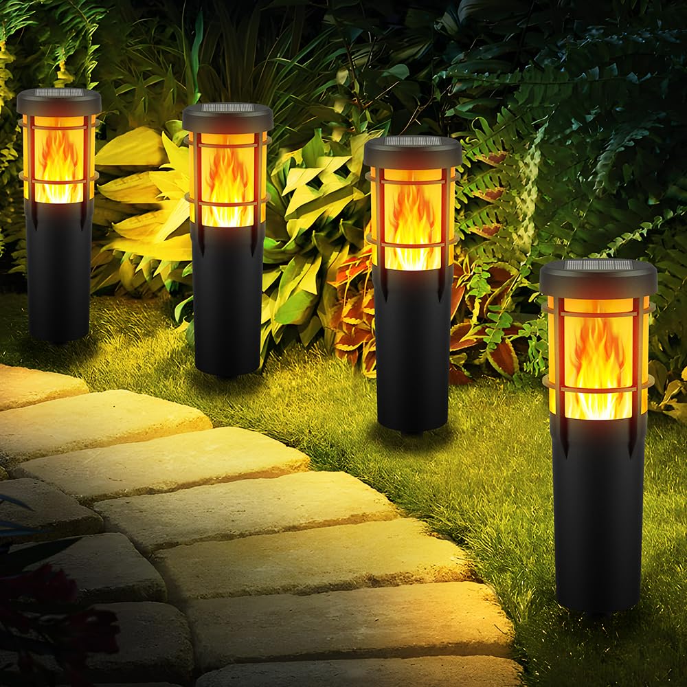 Ainostone Solar Torches 4 Pieces Solar Flame Lamp RGBW Solar Lights Flickering IP65 Waterproof Garden Torch Color Change 2 Lighting Modes for Outdoor, Garden, Lawn, Terrace, Christmas, Lawn