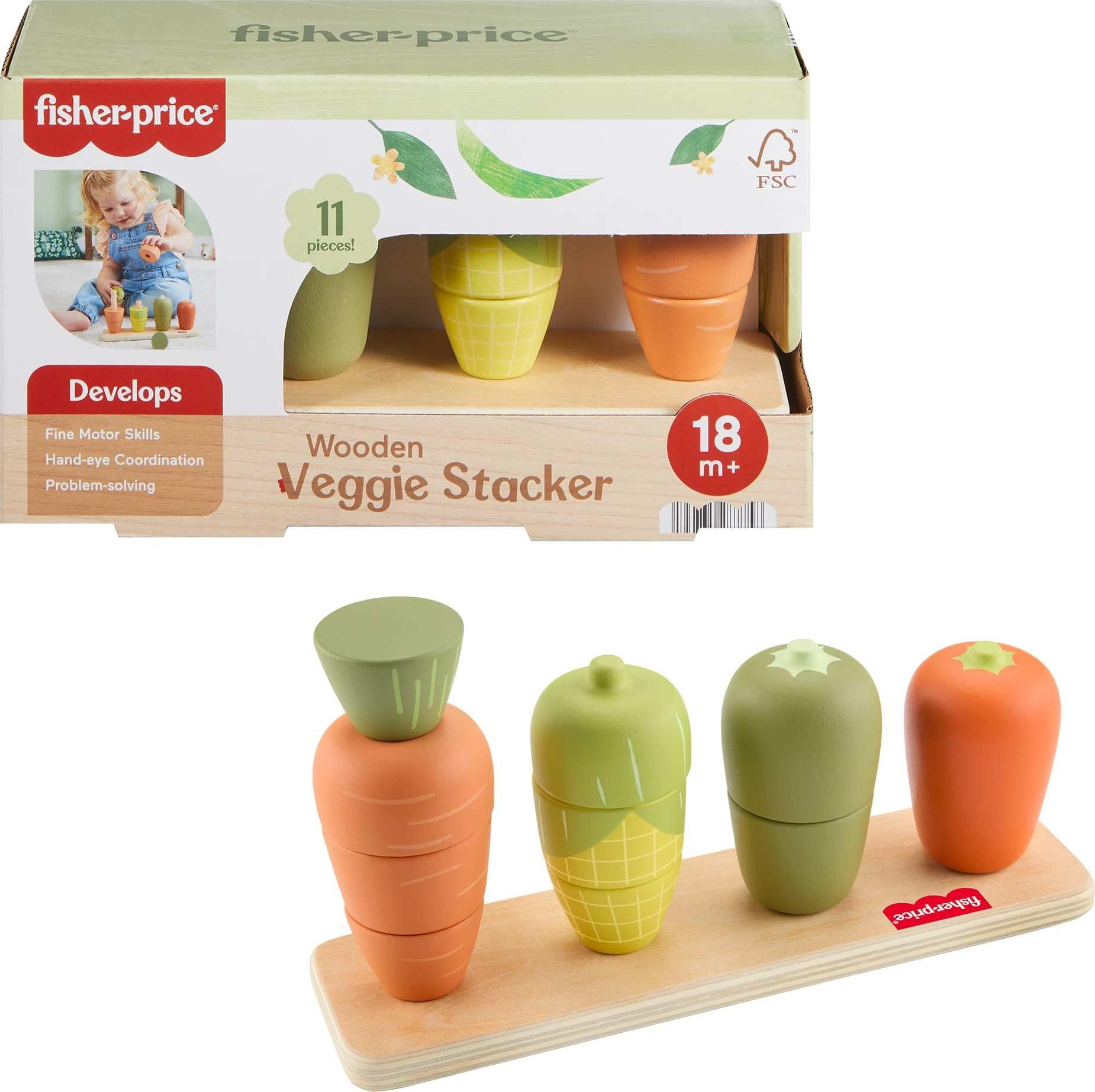 Fisher-Price Wood Toddler Toy Veggie Stacker, Tiny Garden Wooden Sorting & Stacking Activity for Preschool Kids Ages 18+ Months (Amazon Exclusive)