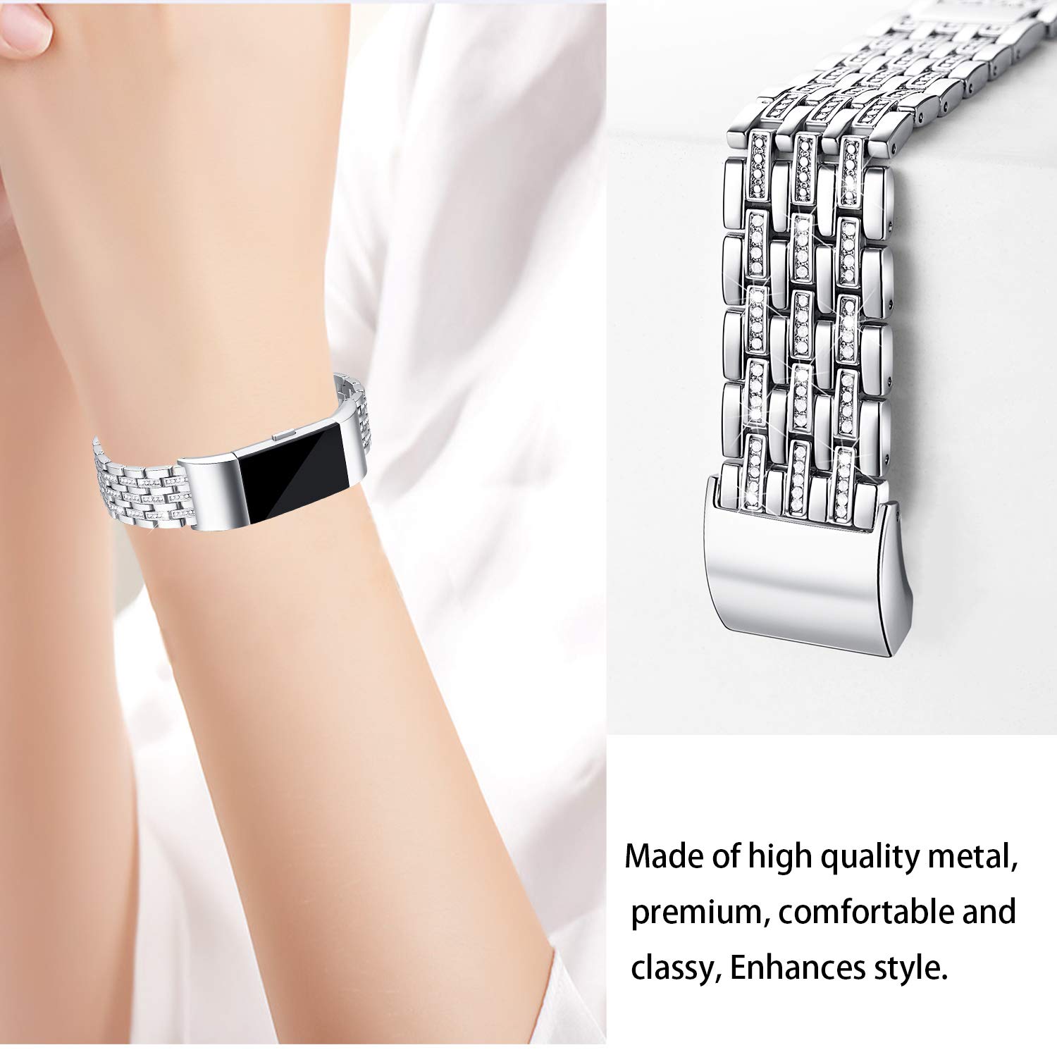 Kaleidoc Bands Compatible Fitbit Charge 2 - Metal Replacement Wristband with Premium Rhinestone Crystals, Adjustable Classy Bracelet Strap Compatible Fitbit Charge 2 Bands