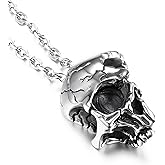 GTHIC Stainless Steel Damaged Half Face Skull Pendants Necklace For Men Women Gothic Punk Biker Jewelry with 24 Inch Chain