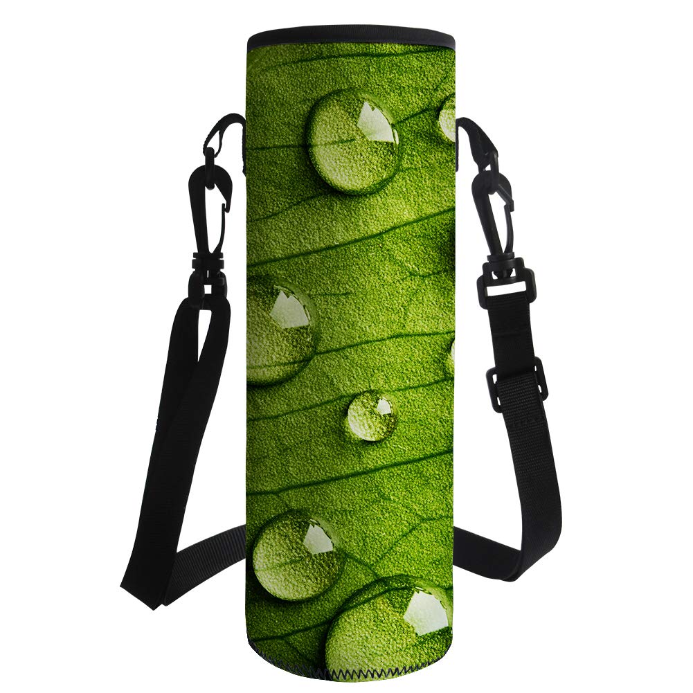Binienty Green Leaves Waterdrop Print Fashion Water Bottle Sleeve Bag with Adjustable Strap for Travel Camping Hiking Running