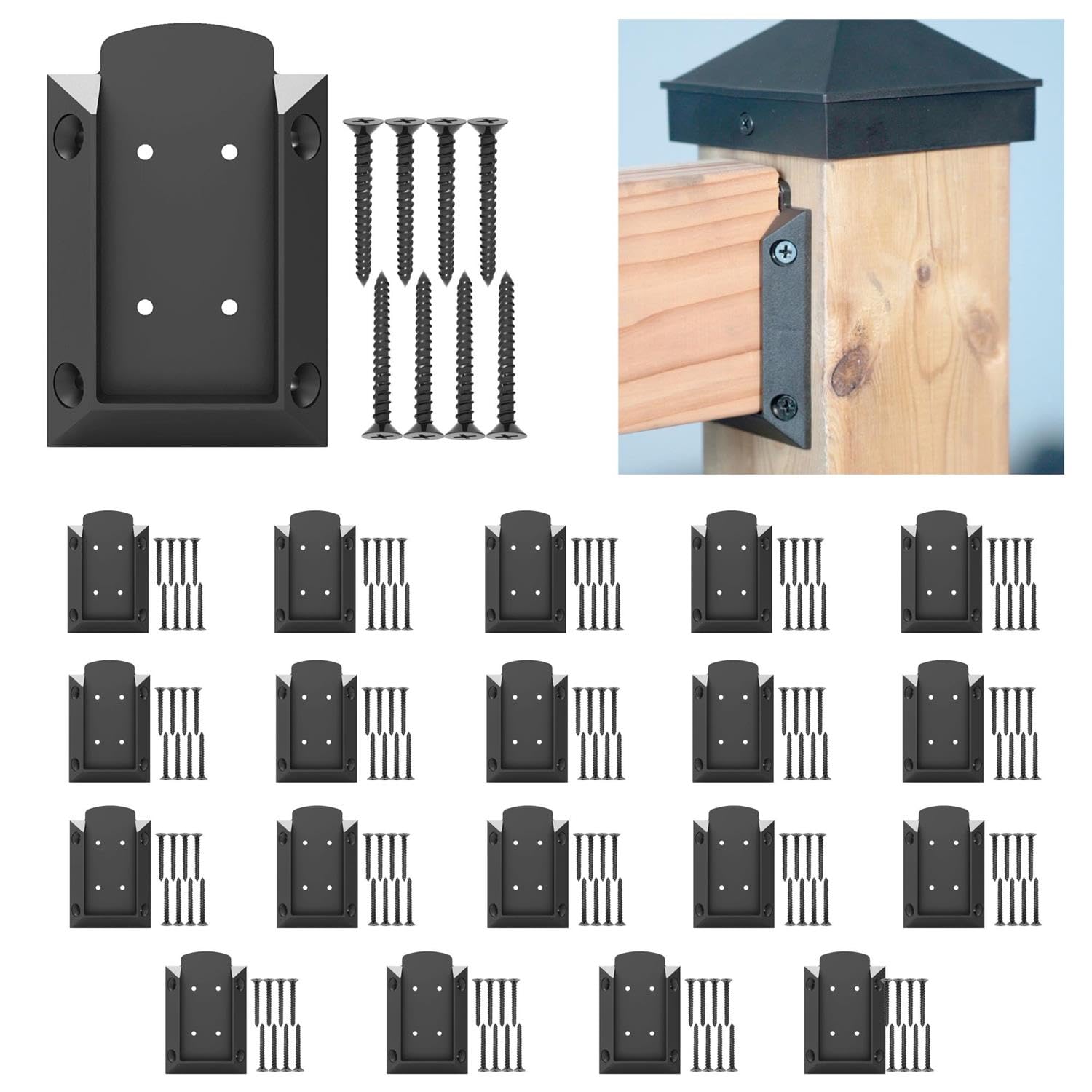 KASTFORCE - 20 Pcs Deck Railing Connector with 160 Pcs Rust Free Screws for 2x4 (1.5" x 3.5") Railing Wood Post, Railing Brackets Connectors