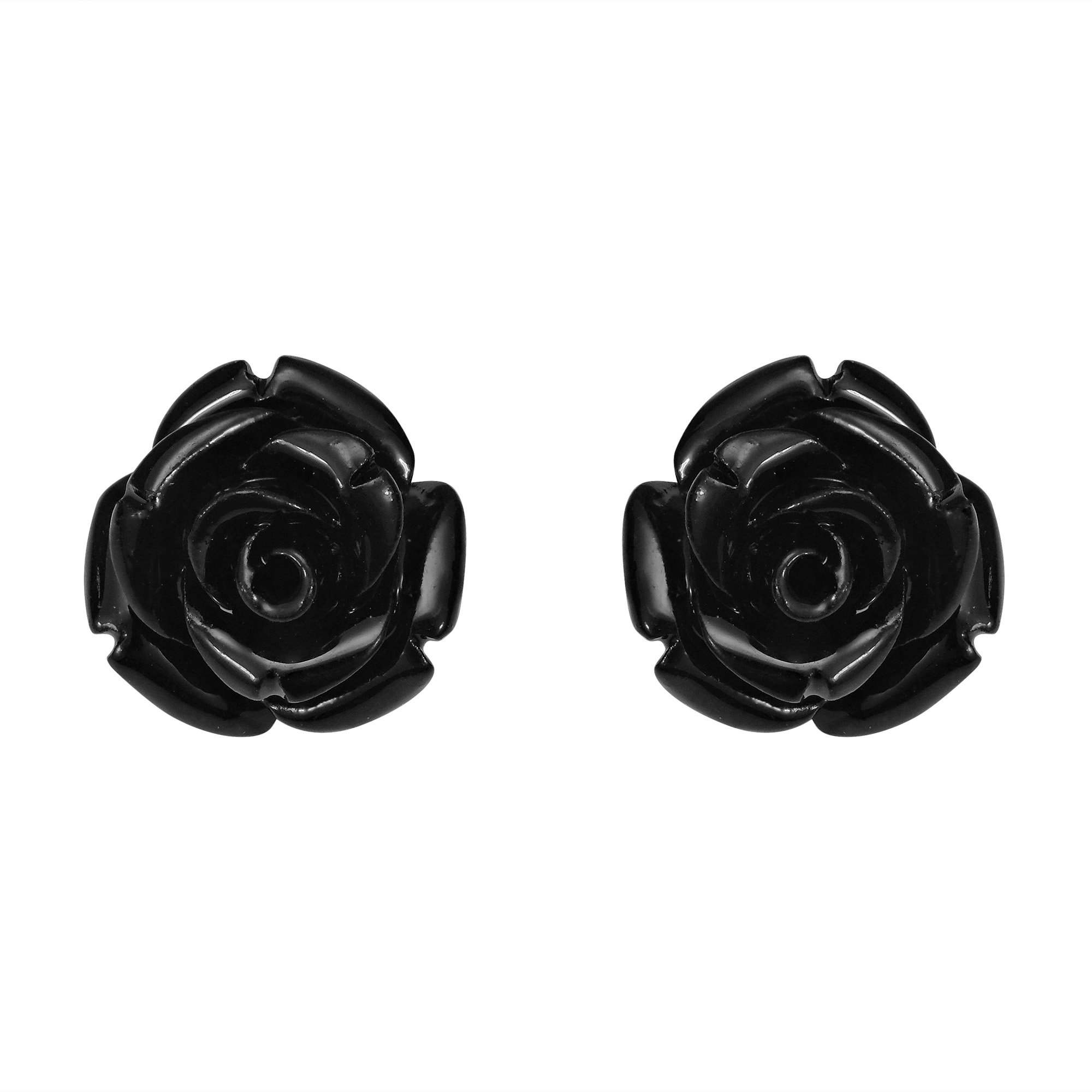 Pretty Blooming Carved Black Rose .925 Sterling Silver Stud Earrings