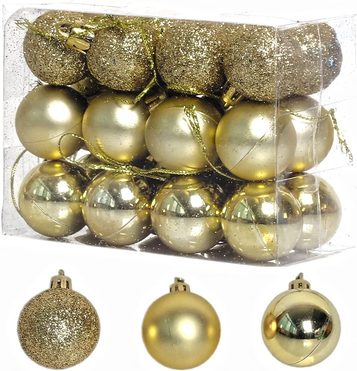 BSTMOME 24 PCS 3CM Christmas Balls, Party Ornaments, Shatterproof Ball Hanging for Xmas Tree Party Decoration Frosted Ball, Matte, Shiny (Golden)