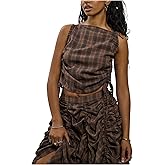 RoseSeek Women's Plaid Side Drawstring Tank Tops Boat Neck Sleeveless Crop Tops Preppy Outfits