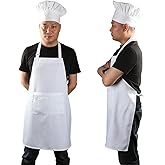 yotache Chef Apron and Hat Set, Chef Hat and Kitchen Apron Adult Adjustable White Baker Costume for Men and Women, 1 Set (33" L x 26" W)