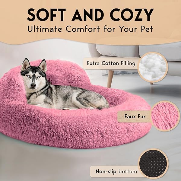 PETJETT LARGE DOG BED – 36” CALMING DONUT DOG BEDS, ANTI-SLIP & WASHABLE LARGE ROUND BED, FLUFFY FAUX FUR PET BED, SUPER SOFT ANTI-ANXIETY PREMIUM COMFORT BED, FITS DOGS UP TO 80 LBS – PINK