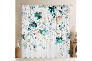 Teal Floral Window Treatments Drapes For Girls Eucalyptus Leaf Blackout Curtains 52" Wx63" L Flower Farmhouse Window Curtains