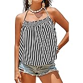 Tankaneo Womens Striped Halter Camisole Tank Tops Vacation Open Back Crop Tops Flowy Pleated Y2k Tshirts
