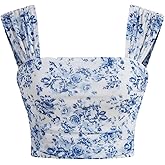 SHENHE Women's Floral Tank Top Ruched Square Neck Open Back Cute Fairy Crop Tops