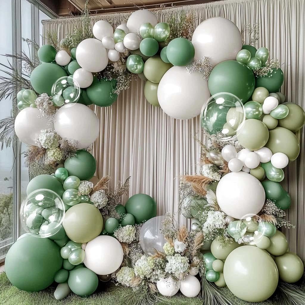 Photo 1 of ****SEE NOTES ******Green White Balloons Double Stuffed Dusty Green Bobo Pearl Balloon Arch Kit Latex Light Olive White Balloon Garland for Bridal Shower Birthday Baby Shower Wedding Anniversary Baptism Decor