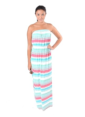 Women S Pastel Stripe Bandeau Strapless Full Length Maxi Dress 16