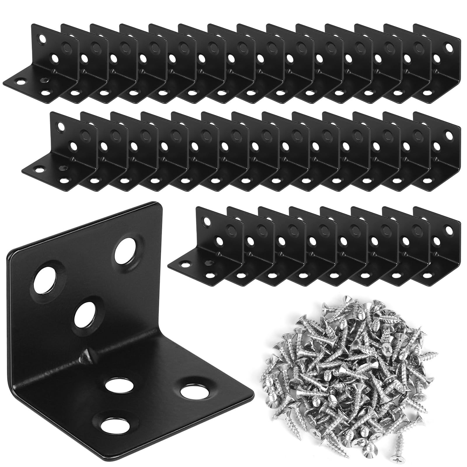 LALAGO Pack of 36 Stainless Steel Angle Connectors, 30 x 30 x 38 mm, Small Mounting Angle with 222 Pieces, Screws, Metal 90 Degree Brackets, Mounting Angle for Fixing and Repairing Furniture, Black