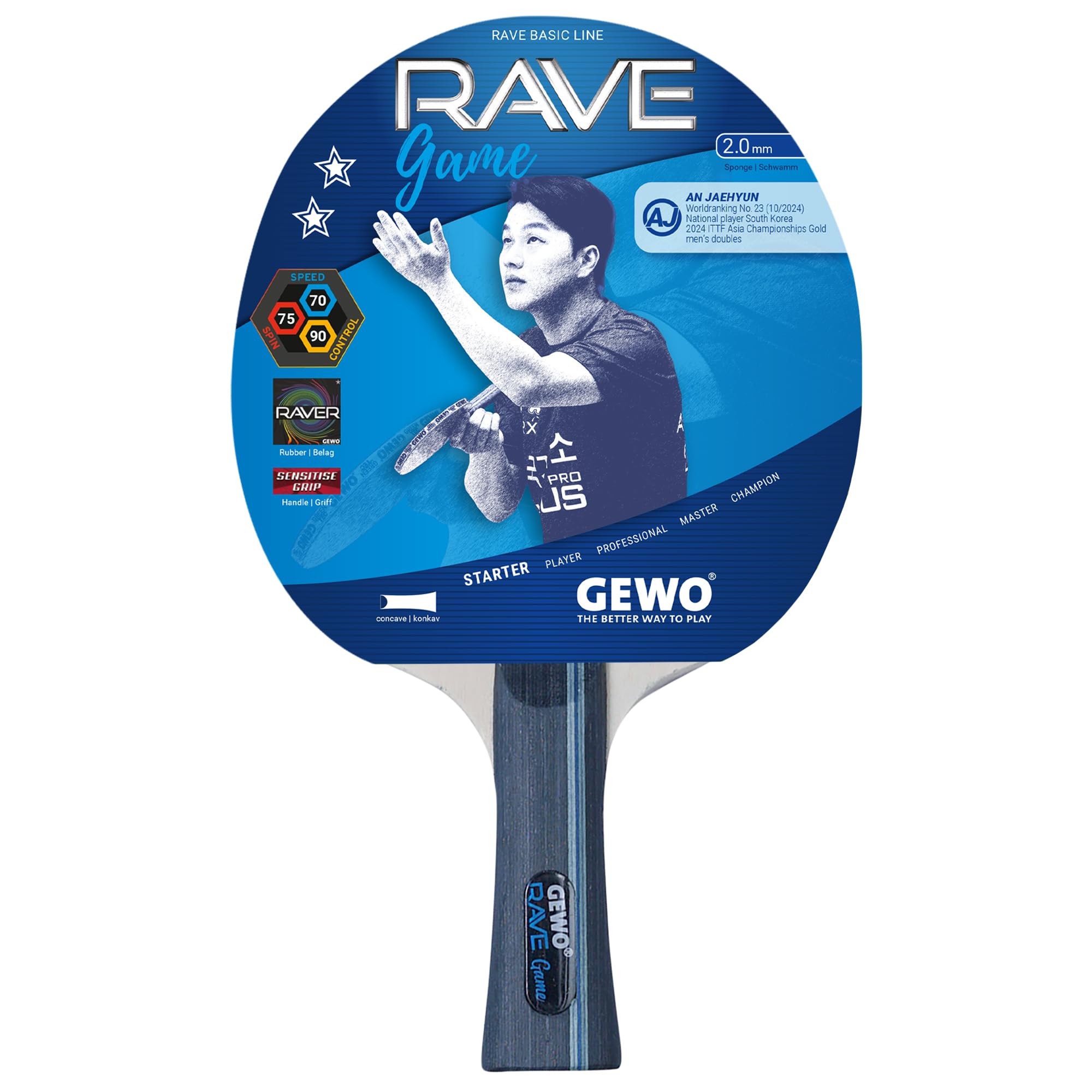 GEWO Rave Game Table Tennis Bat - Controlled Beginner Table Tennis Bat - Complete Bat with Raver Cover, High Control and Speed, Concave, 2 mm Thick Sponge