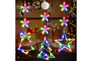 LYUBASA [Timer] 3Pcs Christmas Window Lights Decorations, Battery Powered Christmas Window Hanging Multicolor Lighted Tree Bell Star Shaped LED Sucker for Xmas Tree Window Fireplace Indoor Decor