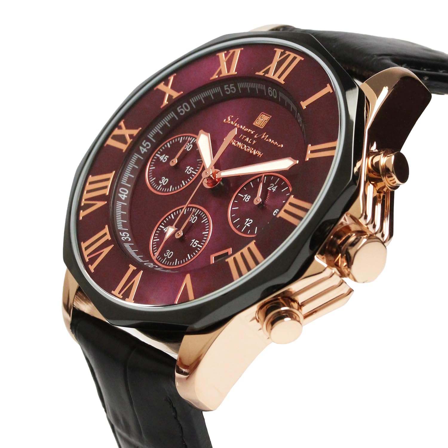 Salvatore Mala SM15104-PGPLLE Wristwatch, Red Chronograph, Water Resistant to 10 ATM, Business, Formal, Men's Leather Strap, Burpull, Black