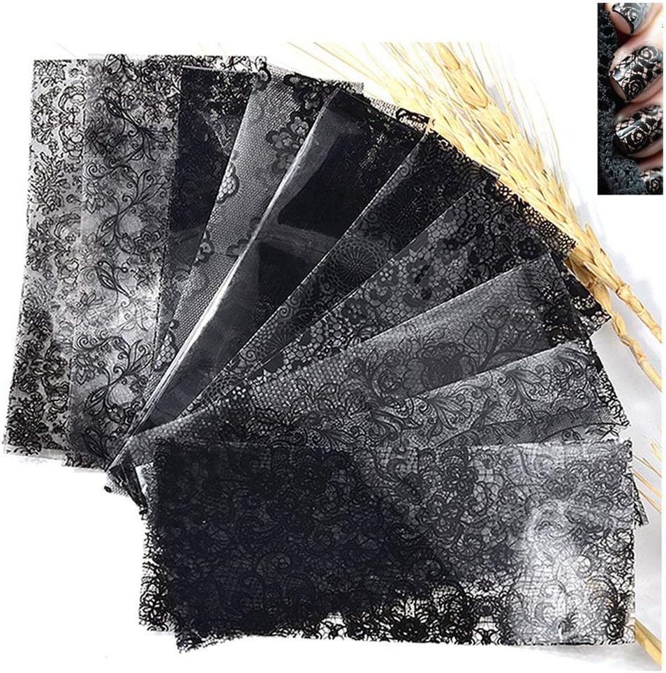 Lookathot 10 Sheets Lace Nail Art Stickers Decals Mixed color Star Foil Paper Printing Nail DIY Decoration Tools (Black(10 sheets))