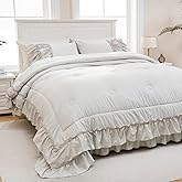 Beige Comfrter Set King Size Boho Bedding Set Shabby Chic 2 Layers Ruffles Bedroom Home Decor Ultra Soft Microfiber Farmhouse Down Comforter Bohemian Quilt Set for Girls Women