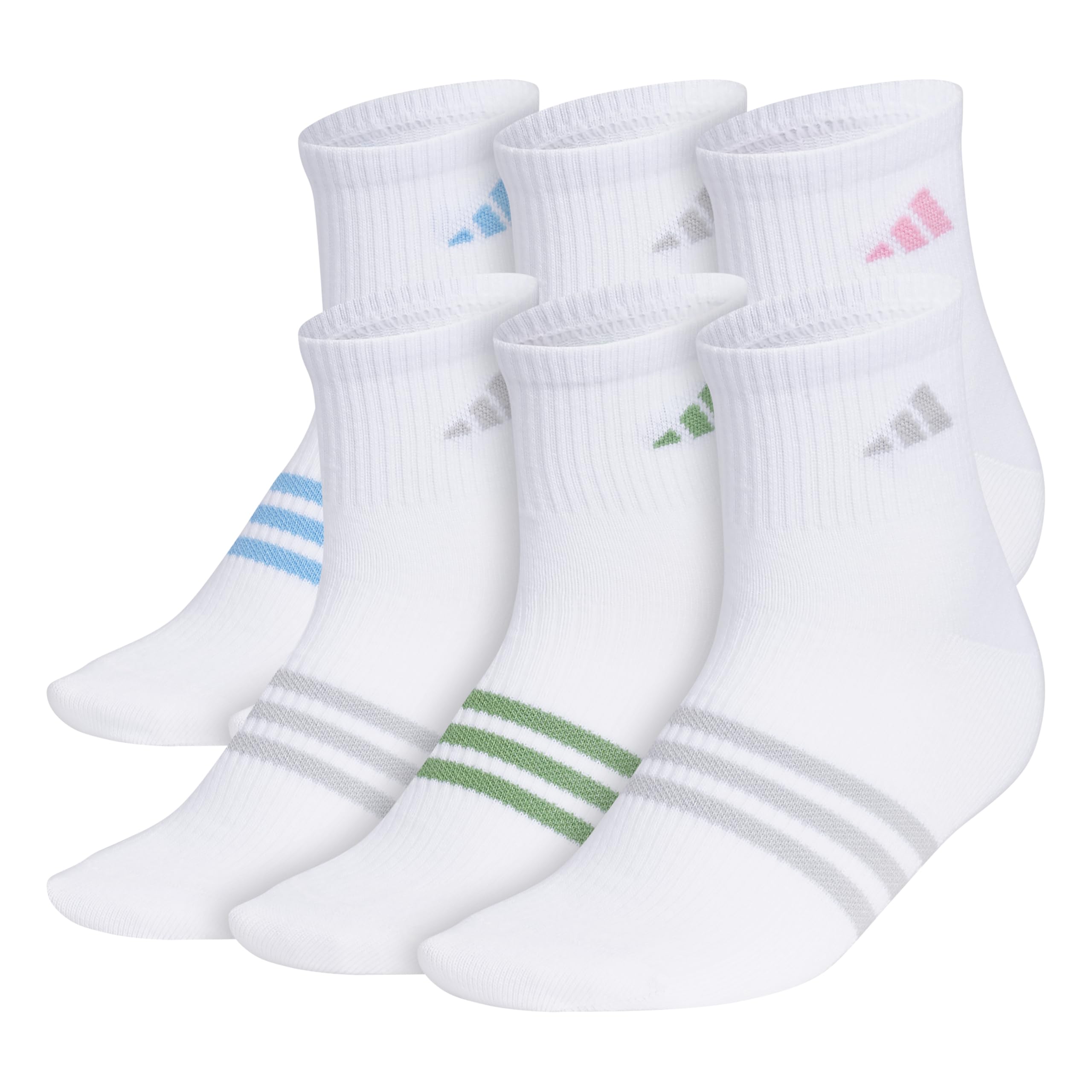 Photo 1 of adidas Women's Superlite Quarter Socks 6-Pack, Durable, Lightweight, Athletic Breathable with Compression Arch Support, White/Blue Burst/Clear Onix Grey, M