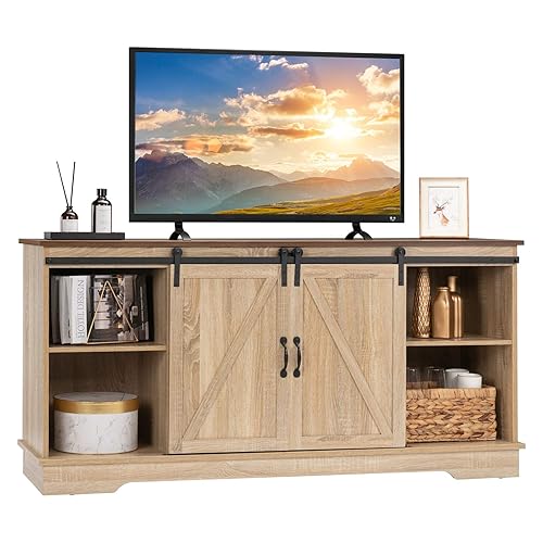 VINGLI Farmhouse TV Stand with Sliding Barn Doors for TVs up to 65