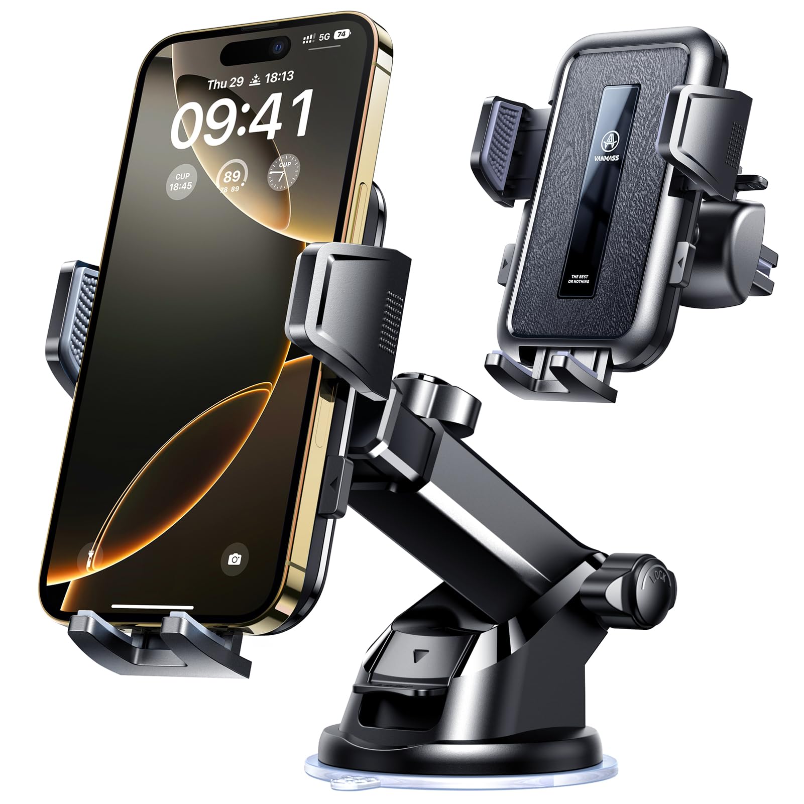 Photo 1 of **MAJOR DAMAGE**
VANMASS ?85+LBS Strongest Suction & Military-Grade Ultimate Car Mount?Patent & Safety Certs? Cell Phone Holder Truck Stand for GPS Vehicle Dashboard Windshield Vent for iPhone Samsung, Clear Black