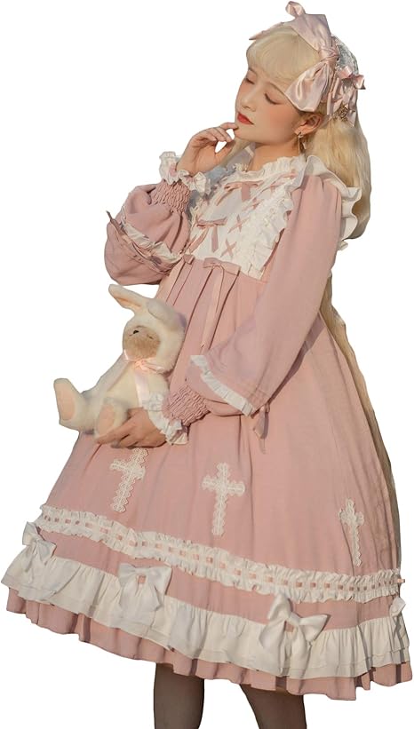 Amazon ワンピース ロリータ コスプレ 衣装 ゴスロリ ゴシック Lolita風 森ガール ゆめかわいい 可愛い 女の子 女 姫 ドレス 長袖 半袖 リボン フリル コスチューム パーティー 仮装 学園祭 文化祭 イベント ハロウィン 演劇 水色 ピンク ピンク長袖 L