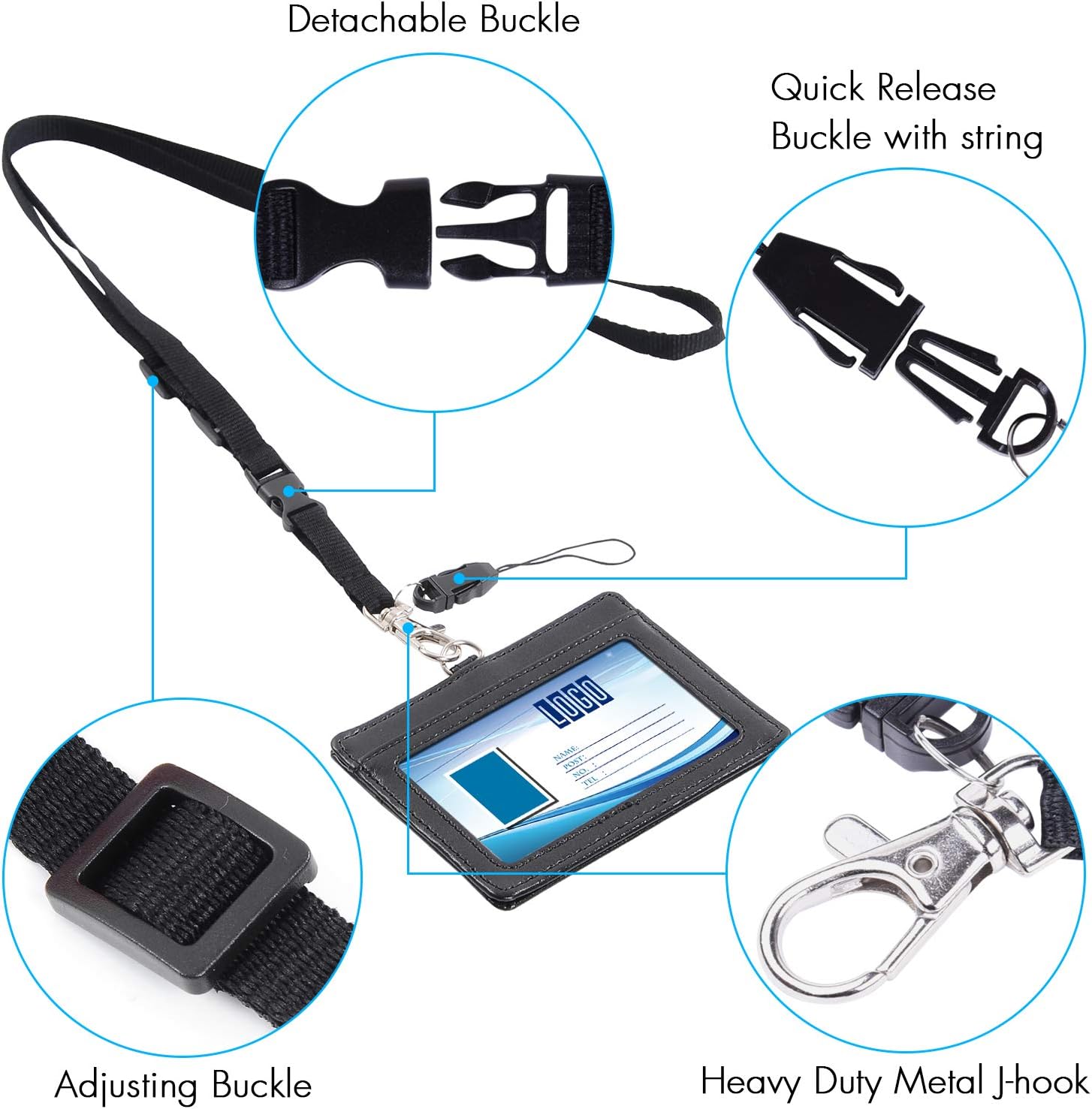Wisdompro 2-Sided PU Leather ID Badge Holder with 1 ID Window and 1 Card Slot and 1 Piece 23 Inch Adjustable Polyester Detachable Neck Lanyard Strap (Holds 3 to 4 Cards)- Black (Horizontal) - Image 4