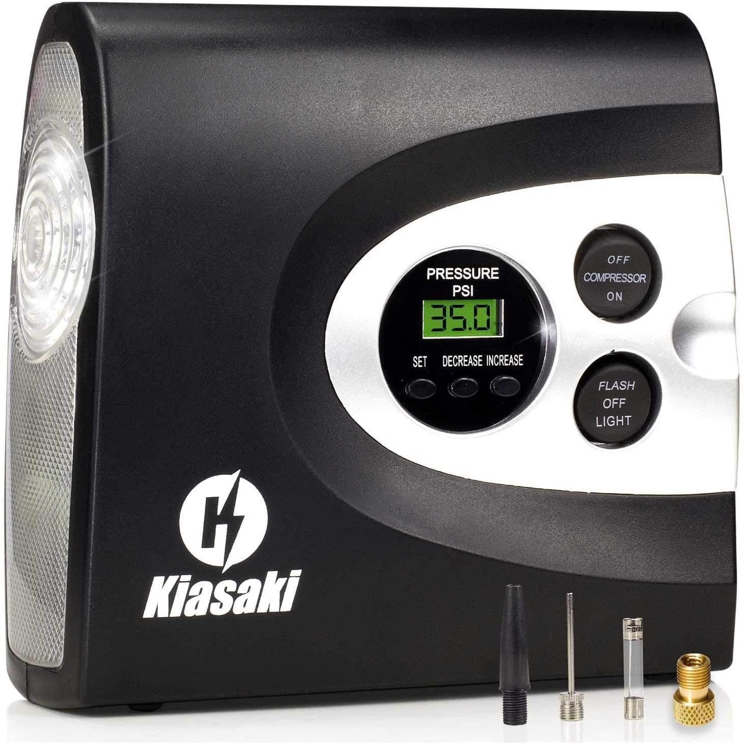 Kiasaki BEST Digital Tire Inflator - Portable Air Compressor for cars with Tire Gauge. High pressure 12V car air pump - Up to 150 Psi, Automatic Shut Off & SOS Flashlight,Carry Case Bonus