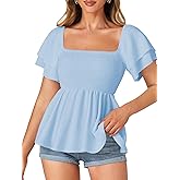 LYANER Women's Square Neck Smocked Peplum Top Ruffle Short Sleeve Babydoll Shirred Blouse