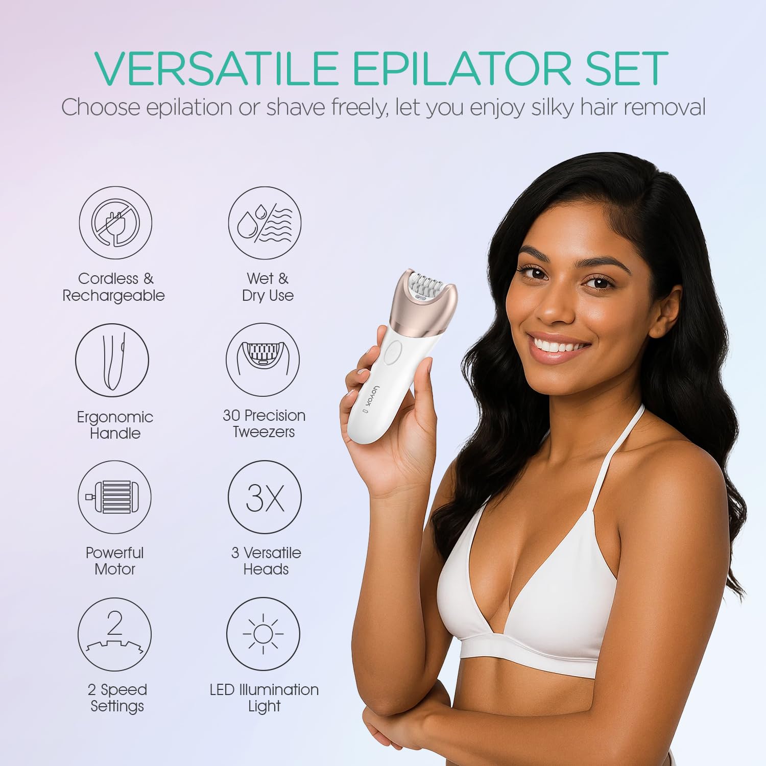 VOYOR Epilator for Women, 3 in 1 Epilator Hair Removal for Women, Epilators Hair Remover for Leg Arm with 30 Tweezers, Rechargeable & Cordless Electric Lady Shaver & Trimmer BM300 (Champagne Gold)