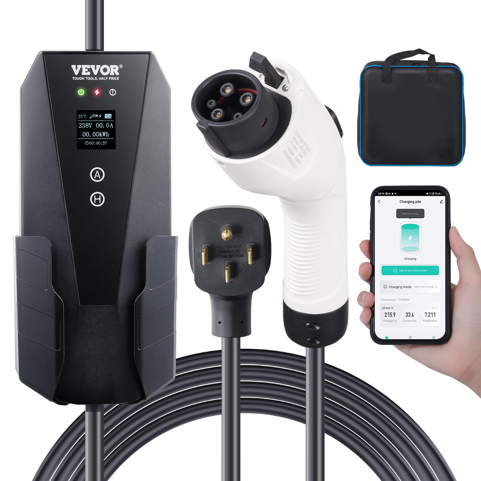 Photo 1 of ****PARTS ONLY , NON FUNCTIONAL **** VEVOR Level 2 Portable EV Charger, 32 Amp 240V, Electric Vehicle Charger with 28 ft Charging Cable NEMA 14-50P Plug, 16/20/24/32A Adjustable Current Plug-in Home EV Charging Station for SAE J1772 EVs