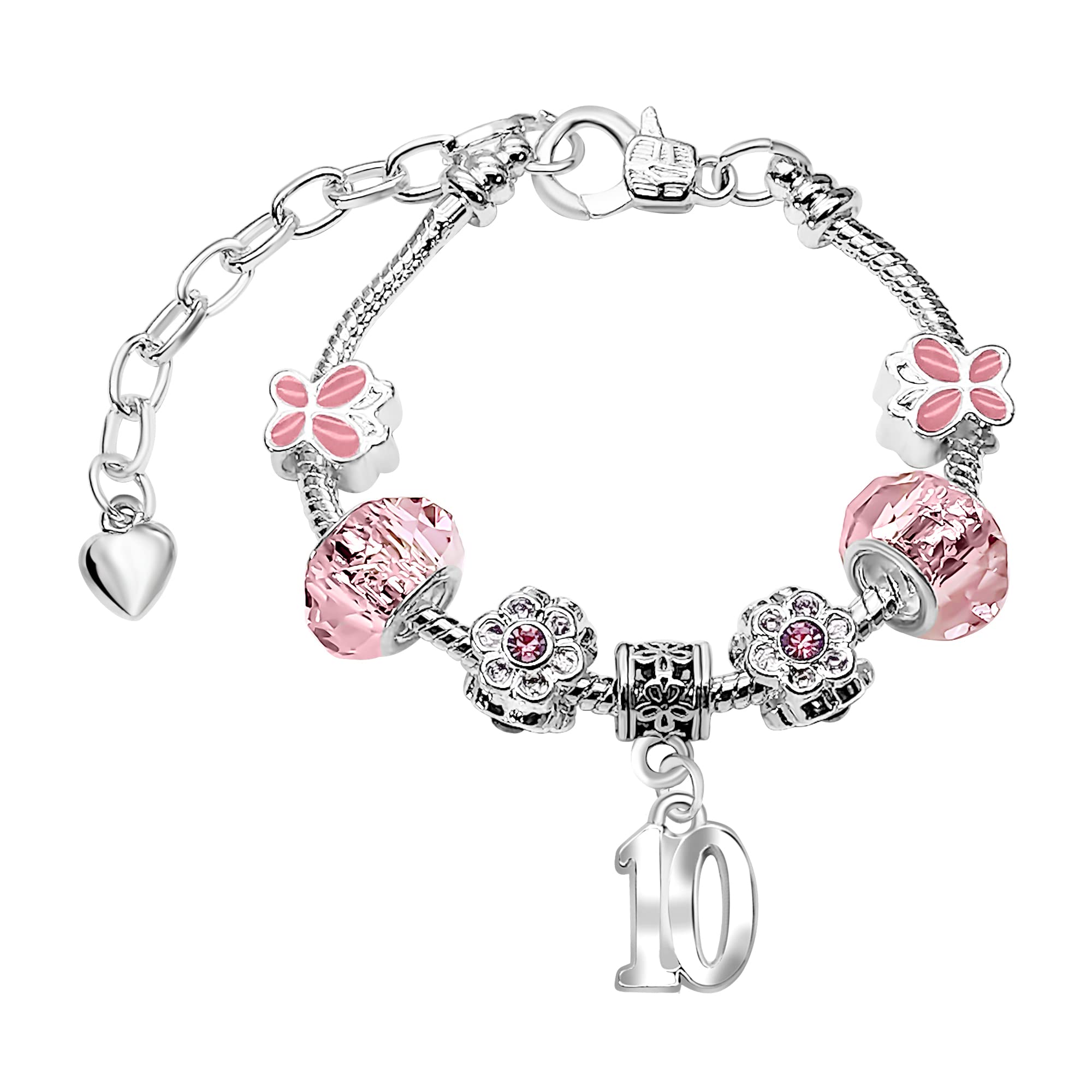 Girls Sparkly 10th Birthday Pink Butterfly Crystal Silver Plated Adjustable Charm Bracelet with Gift Box 10th Birthday Gifts for Girls Age 10