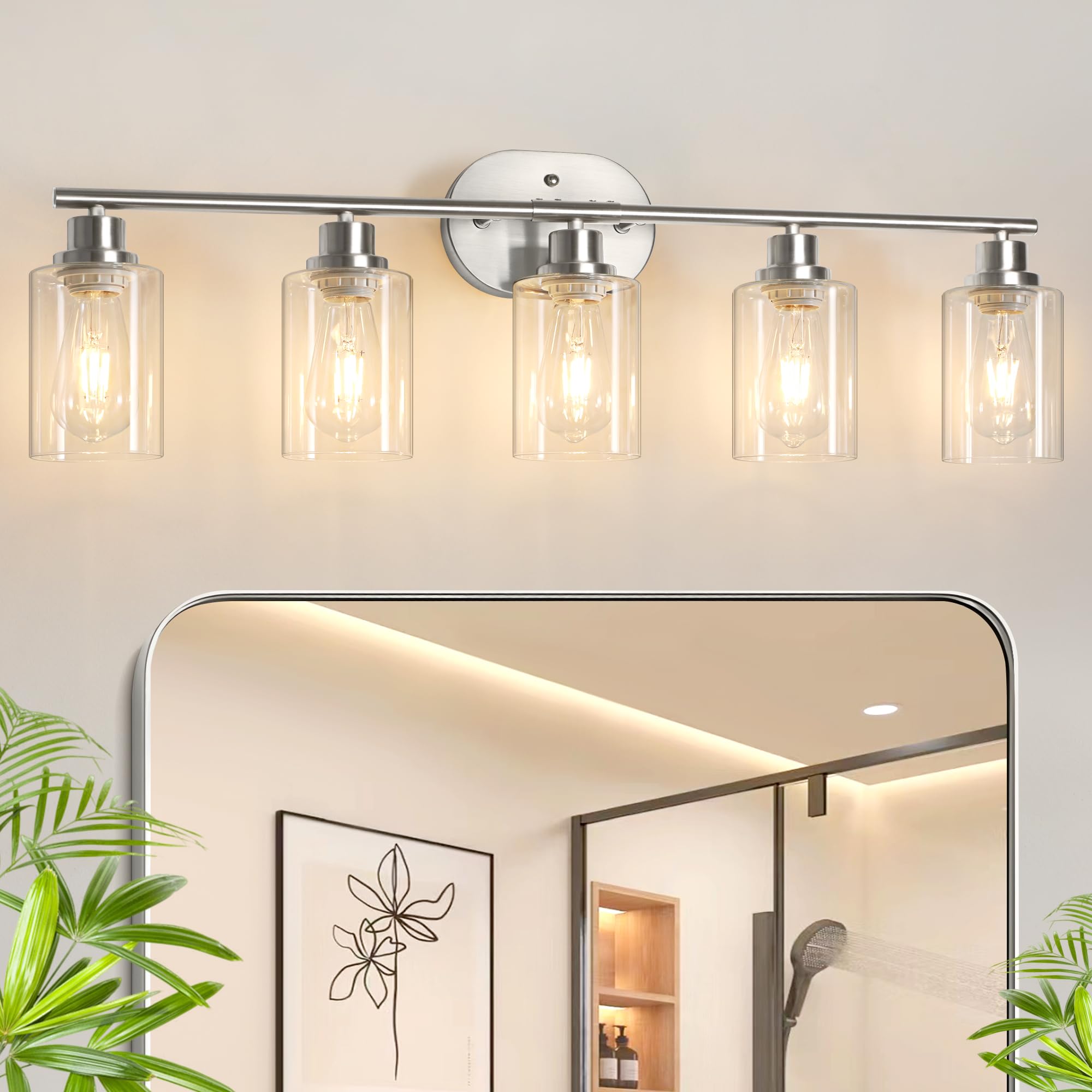 Unicozin Bathroom Light Fixtures, 5 Light Vanity Lights for Bathroom, Brushed Nickel Wall Lamp with Clear Glass for Mirror, Living Room, Hallway, Cabinet, E26 Base Image