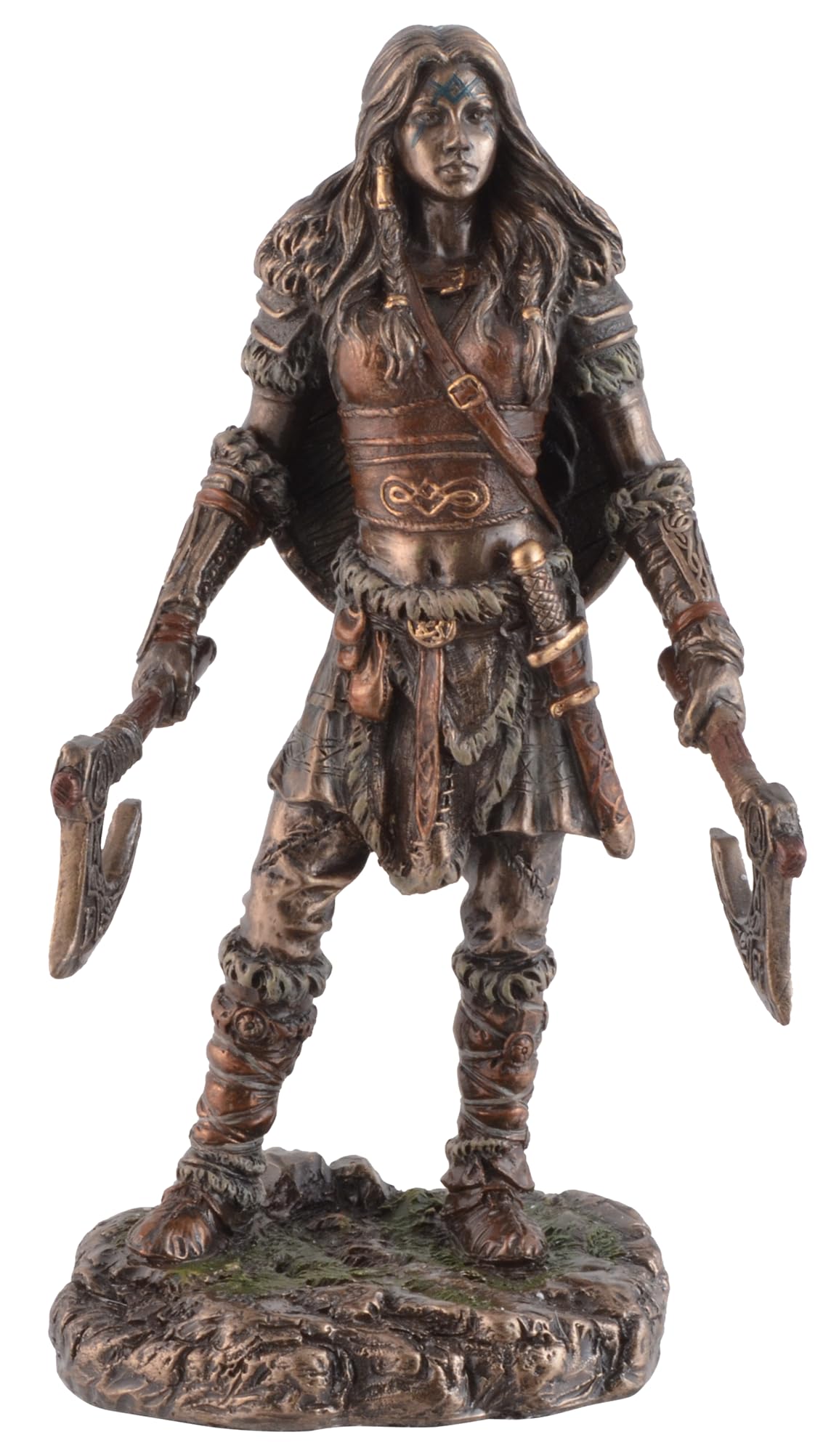 Veronese Viking Woman with Two Axes Made of Artificial Stone Bronzed and Coloured by Hand