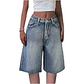 MakeMeChic Women's Raw Hem Wide Leg Denim Shorts Knee Length Y2K Vintage Jean Shorts