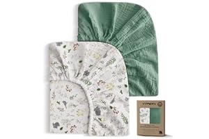 VYPERX Muslin Pack n Play Sheets| 24"x 38", 100% Cotton Mini Crib Fitted Cover Sheet, Fit for Graco Pack n Play and Other 27" x 39" Playard Mattress, Neutral Color for Baby, 2 Pack Roman Green