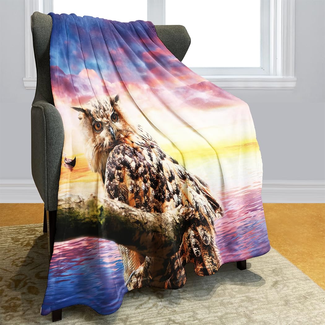 Violetpos thick fleece blanket, design: owl on branch, with sunset background, flannelette, Colourful, 150 x 200cm