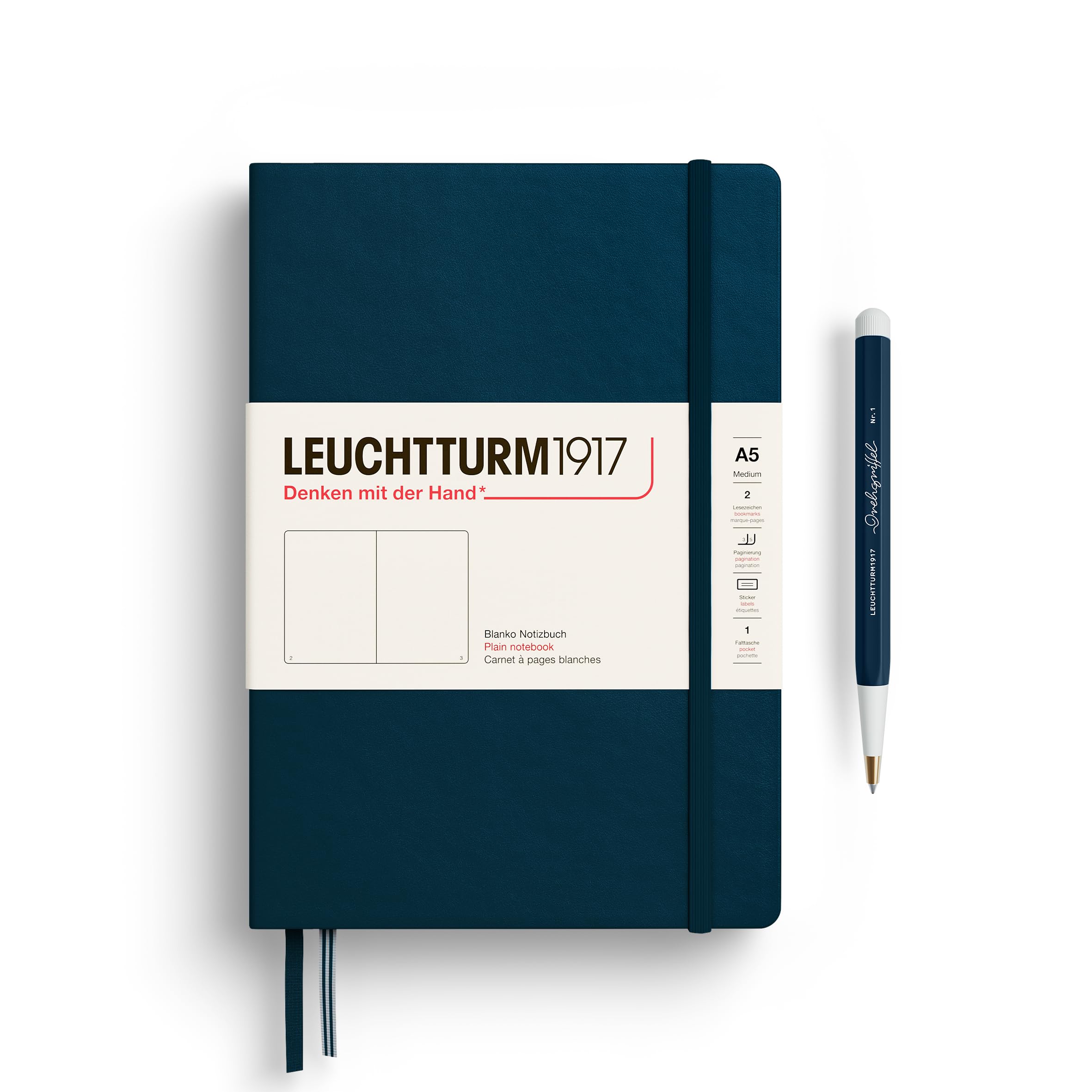 LEUCHTTURM1917 372188 Notebook Medium (A5), Hardcover, 251 Numbered Pages, Deep Sea, Plain