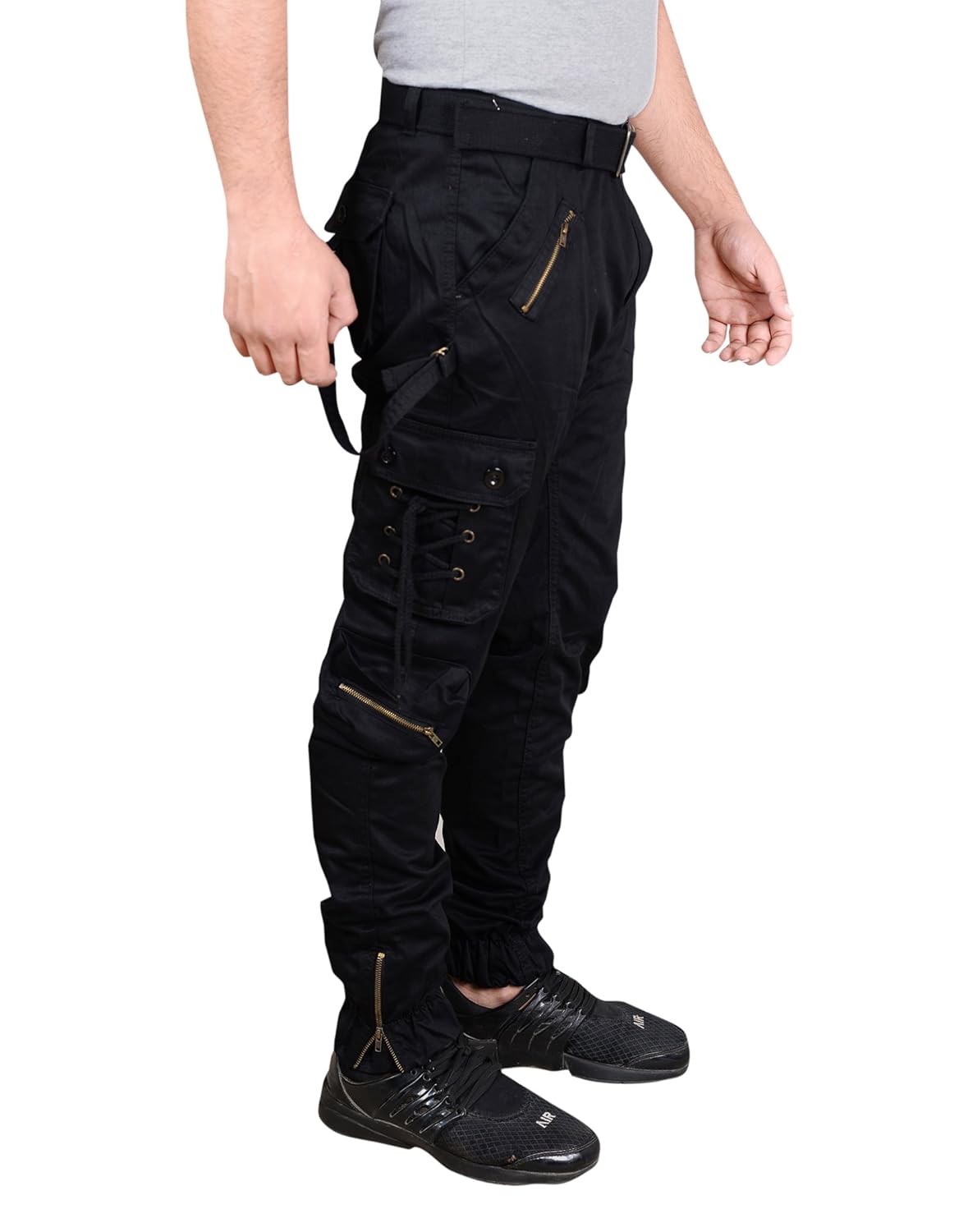 devil men's cotton relaxed fit zipper dori black cargo jogger pants
