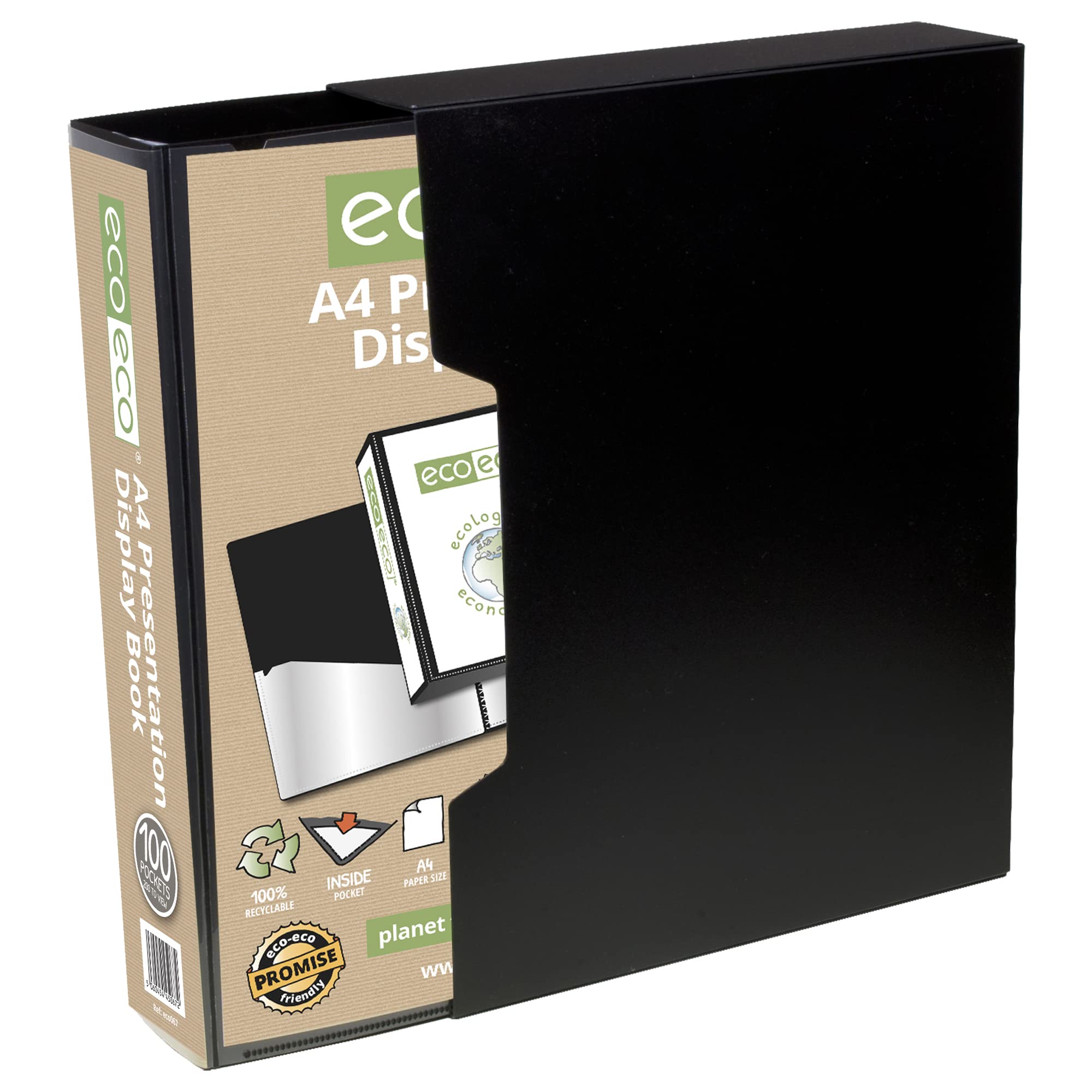 eco-eco A4 Size 50% Recycled 100 Pocket Black Presentation Display Book, Storage Case Portfolio Art Folder with Plastic Sleeves with Black Display Box