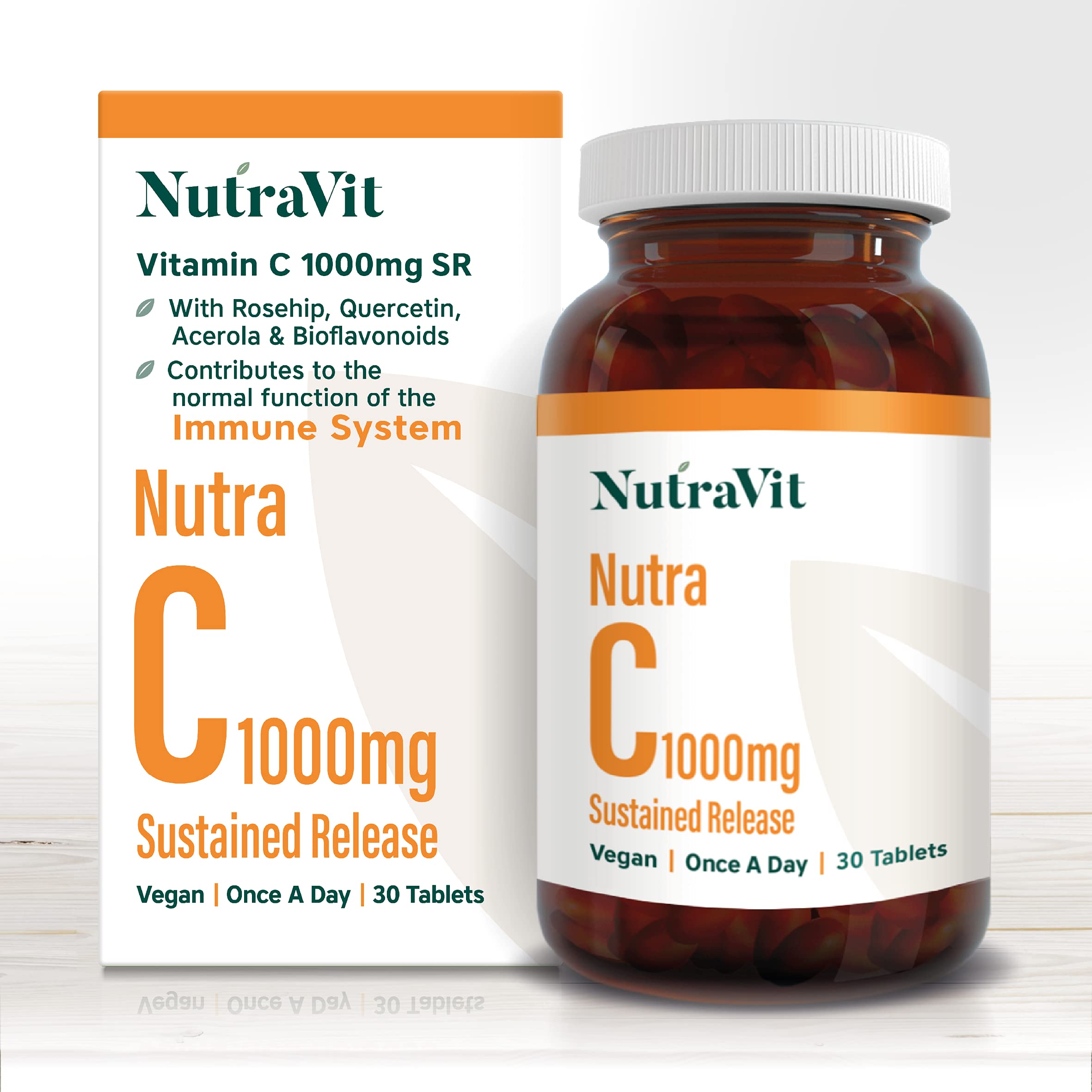 NUTRA C - Vitamin C 1000mg - 30 Tablets - Sustained Release Vegan Tablets - Gluten Free | Orange Flavoured - with Rosehip, Hesperidin & Acerola - Manufactured in a UK MHRA GMP Facility - NUTRAVIT
